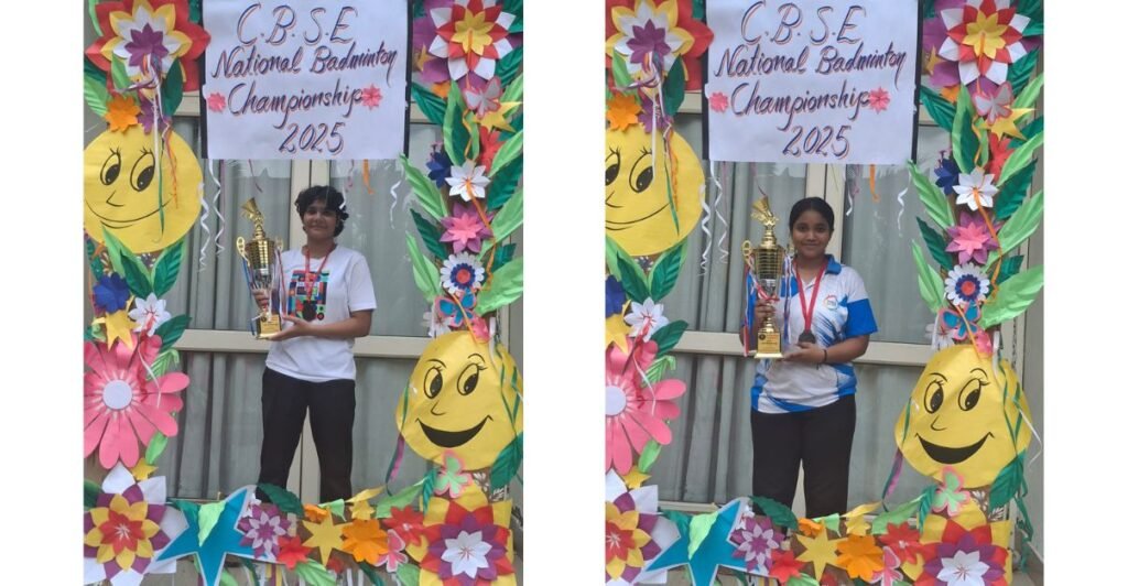 Tisa makes agra proud: bronze victory at cbse national badminton championship 2025 2 Two more players from the international school agra pose individually with the cbse national badminton championship 2025 trophy and medals within a colorful photo frame decorated with smiling sun and flowers.