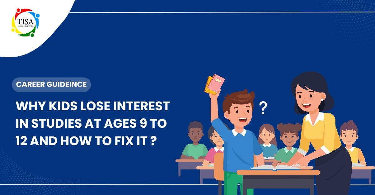 Illustration showing a classroom scene with a teacher and students, highlighting the topic of why children lose interest in studies between ages 9 and 12.