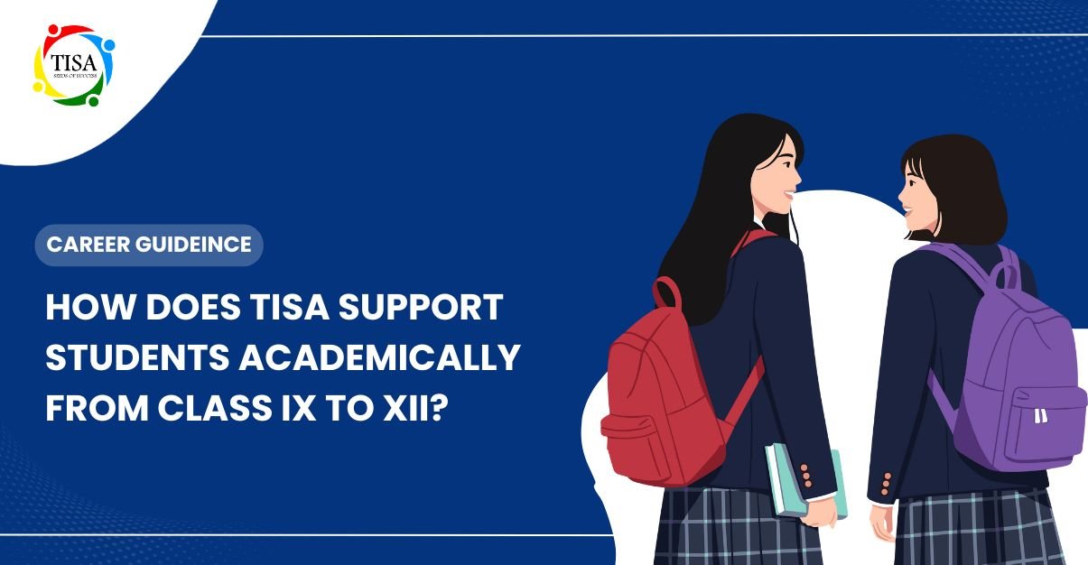 An illustrated graphic showing two schoolgirls with backpacks, alongside text about TISA’s academic support for students from Class IX to XII.